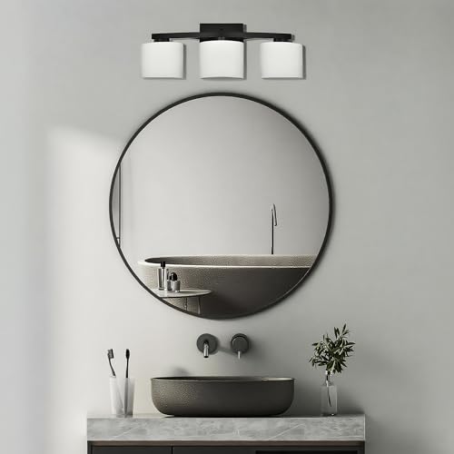 Bathroom Light Fixtures, 3-Light Modern Matte Black Vanity Light Over Mirror, Wall Sconces with Oval-Shaped White Glass Shades for Living Room, Bedroom, Hallway, E26 Base - color: Matte Black