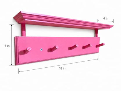 Matías Coat Rack Wall Mount with Shelf, 18 Inch Solid Wood Peg Rail, Wall Mounted Coat Rack with 5 Hooks, Wall Mount Shelf for Entryway, Bathroom or Bedroom (Pink) - color: Pink