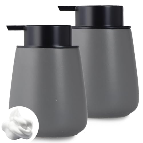 12Oz Hand Soap Dispenser - 2 Pack Ceramic Foam Soap Dispenser Set | Foaming Dispenser with Easy-to-Press Pump, Reusable and Refillable Mordern Dish Soap Dispenser for Bathroom & Kitchen, Grey - color: Grey Foaming Dispenser