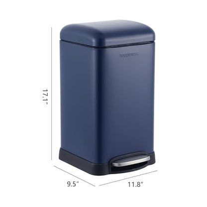 happimess Betty Retro Mini 3.2 Gal Step Trash Can, Denim Blue | Soft-Close Lid, Removable Liner, Iron, Hands-Free Pedal, Satin Finish, Non-Skid Base, Built-In Damper, Modern, Minimalistic - color: Denim Blue