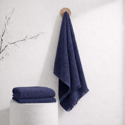 Fringed Reversible Fingertip Hand Towel (Size 11" W x 18" L) Terry Cotton Washcloth Set for Face and Bathroom use. (Navy, 3)