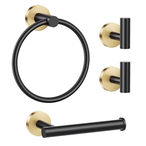 Lairuier Bathroom Hardware Set, 4-Piece Towel Holder Set Include Toilet Paper Holder,Towel Ring and 2 Towel Hooks Stainless Steel Wall Mounted Bathroom Hardware Accessories Set (Black and Gold) - color: Black Gold, size: Set A