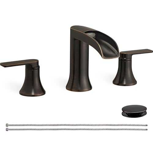 Oil Rubbed Bronze Bathroom Sink Faucet Widespread, 8 Inch Waterfall Faucet Bathroom 3 Hole with Pop-up Drain and cUPC Supply Lines, 2 Handles for Vanity, Restroom, Farmhouse, Brass Material - color: Oil Rubbed Bronze - Farmhouse