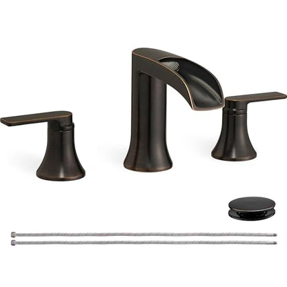 Oil Rubbed Bronze Bathroom Sink Faucet Widespread, 8 Inch Waterfall Faucet Bathroom 3 Hole with Pop-up Drain and cUPC Supply Lines, 2 Handles for Vanity, Restroom, Farmhouse, Brass Material - color: Oil Rubbed Bronze - Farmhouse
