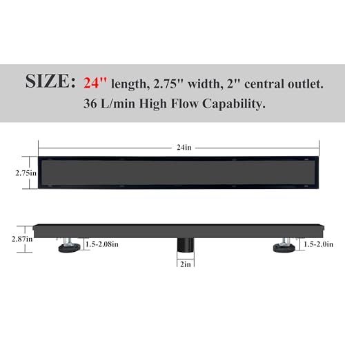 24 Inch Linear Shower Drain Black Floor Drain with Removable SUS304 Stainless Steel CUPC Certificate and 2-in-1 Tile Insert Grate Cover - color: Black, size: 24inch