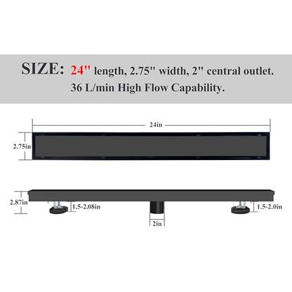 24 Inch Linear Shower Drain Black Floor Drain with Removable SUS304 Stainless Steel CUPC Certificate and 2-in-1 Tile Insert Grate Cover - color: Black, size: 24inch