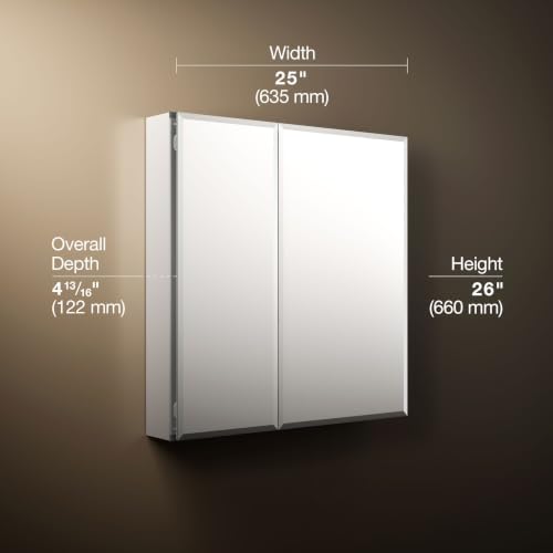 Kohler CB-CLC2526FS Bathroom Medicine Cabinet with Mirror, Beveled Mirror Doors, Adjustable Shelves, Rectangular Beveled Edge, 25 in. W x 26 in. H - size: 25 in. x 26 in., style: Beveled Edge