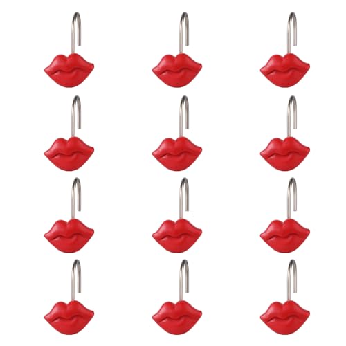 Twofish Home Vermilion Lips Shower Curtain Hooks Vermilion Lips Anti Rust Shower Curtain Hooks Decorative Resin Vermilion Lips Shower Curtain Rings Set of 12 - color: Red