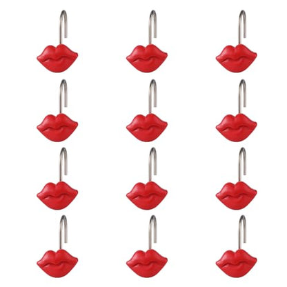 Twofish Home Vermilion Lips Shower Curtain Hooks Vermilion Lips Anti Rust Shower Curtain Hooks Decorative Resin Vermilion Lips Shower Curtain Rings Set of 12 - color: Red