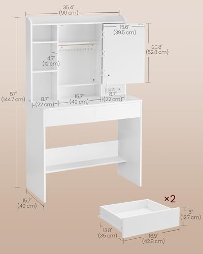 VASAGLE KAILYN Collection - Vanity Desk with Power Outlets, Makeup Vanity with Mirror and Lights, Upholstered Vanity Stool, 6 Compartments, 2 Drawers, for Bedroom, Cloud White URDT031WB02S - style: 35.4"W 2 Drawers Vanity Desk - Cloud White