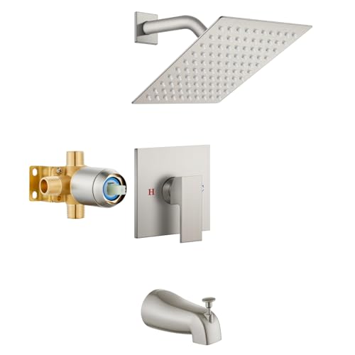Airuida 8 Inch Shower Faucet Set,Bathtub Faucet Kit,Brushed Nickel | Shower Tub Faucet Set,Male Threads Rough-In Valve,Square Head Shower System - color: Nickel, size: 8 Inch