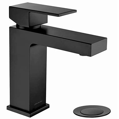 Matte Black Single Hole Bathroom Faucet, BF307-B | Modern Single Handle Bathroom Sink Faucet Vanity Faucet with Drain Assembly, Deck Plate Included - color: Black