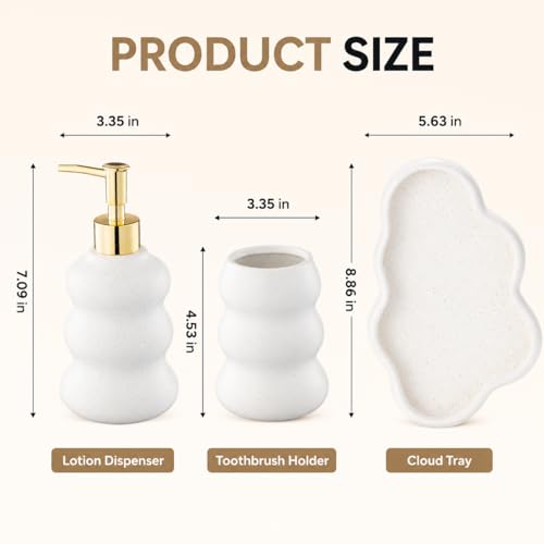 3-Piece Ceramic Bathroom Accessories Set with Sand Point Glaze Design - Tray, Lotion Dispenser, and Tumbler - Bring Nature to Your Bath - color: Beige
