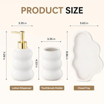 3-Piece Ceramic Bathroom Accessories Set with Sand Point Glaze Design - Tray, Lotion Dispenser, and Tumbler - Bring Nature to Your Bath - color: Beige