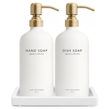 Vine Creations Glass Soap Dispenser Set, Kitchen Soap Dispenser Set with Ceramic Tray, 16 oz Dish Soap and Hand Soap Dispenser Set with Stainless Steel Pump Decor (White Bottle/Brushed Brass) - color: White Bottle / Brushed Brass Pump