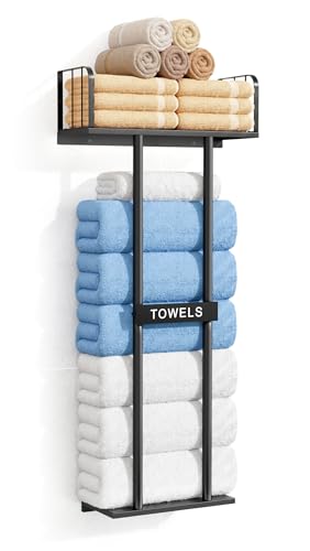 Towel Racks for Bathroom with Top Towel Shelf Hold 8 Large Rolled Towels, 36" Wall Mounted Bathroom Towel Storage Organizer for Small Bathroom, Camper, Rv (Black)