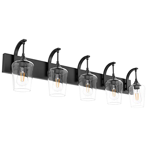 Ralbay Matte Black Bathroom Light Fixtures 5-Lights Industrial Black Vanity Lights Clear Glass Vintage Edison Matte Black Wall Mount Light Fixture for Bathroom - color: Black, size: 42.5 inch