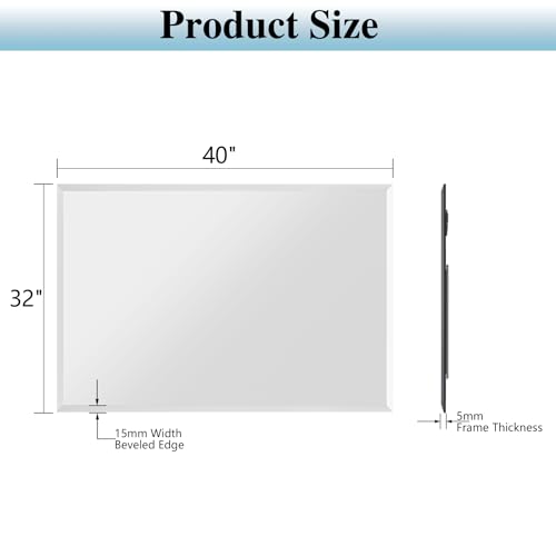 Frameless Bathroom Mirror, 40"x32" Beveled Bathroom Vanity Mirror | 15mm beveled edge, frameless, 5mm HD glass, anti-rust, french cleat, horizontally or vertically, for bathroom/bedroom - size: 40"L x 32"W