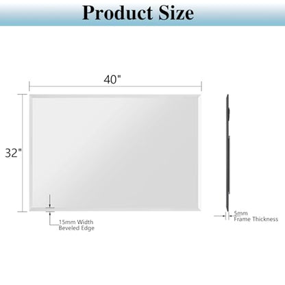 Frameless Bathroom Mirror, 40"x32" Beveled Bathroom Vanity Mirror | 15mm beveled edge, frameless, 5mm HD glass, anti-rust, french cleat, horizontally or vertically, for bathroom/bedroom - size: 40"L x 32"W