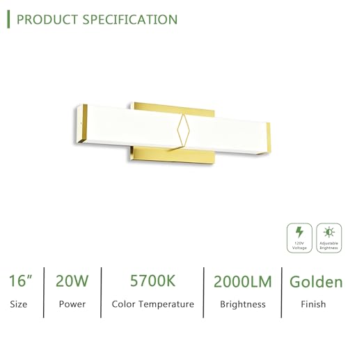 16 Inch Bathroom Vanity Light 2000LM, 5700K Daylight White Modern Bathroom Light Dimmable, AC 120V 20W Gold LED Vanity Lighting Fixtures Wall Sconce ETL Certified, 2Pack - color: Gold-5700K, size: 16 INCH(2 Pack)