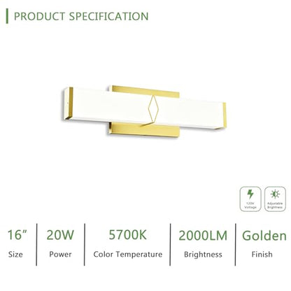 16 Inch Bathroom Vanity Light 2000LM, 5700K Daylight White Modern Bathroom Light Dimmable, AC 120V 20W Gold LED Vanity Lighting Fixtures Wall Sconce ETL Certified, 2Pack - color: Gold-5700K, size: 16 INCH(2 Pack)
