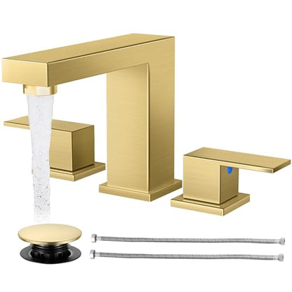 Cobbe Bathroom Faucet 3 Hole, Brushed Gold Bathroom Sink Faucet Widespread | Square 8 Inch with Pop-Up Drain, 2 Handle and 2 Supply Hoses, Lead-Free Stainless Steel, For Vanity, RV, Farmhouse - color: Gold-2, size: 8 Inch Widespread