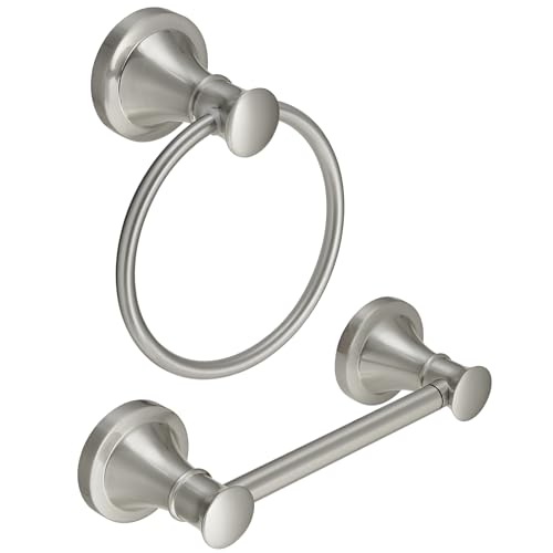 RUMOSE Pivoting Toilet Paper Holder and Hand Towel Ring, Brushed Nickel | Wall Mount, Bathroom Hardware Accessories 2 PCS Set, Toilet Tissue Roll Holder & Towel Hanger, Rustproof, Stainless Steel - color: Brushed Nickel