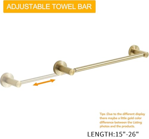 BESy Adjustable Towel Bar Towel Racks for Bathroom Rod Wall Mounted Gold | Adjust 15" to 26" Rustproof, Stainless Steel Towel Holder, Wall Mounted for Bathroom Accessories, Heavy Duty, Space Saving - color: Brushed Gold