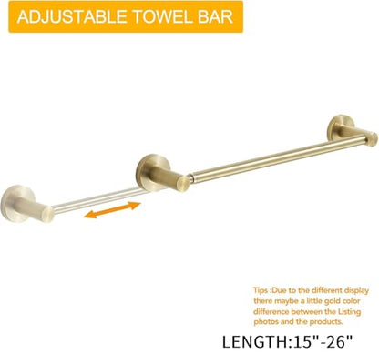 BESy Adjustable Towel Bar Towel Racks for Bathroom Rod Wall Mounted Gold | Adjust 15" to 26" Rustproof, Stainless Steel Towel Holder, Wall Mounted for Bathroom Accessories, Heavy Duty, Space Saving - color: Brushed Gold