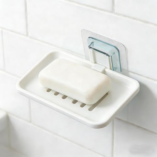 Wall Mounted Hollow Design, Waterproof Soap Stand Holder with Adhesive Sticker No-Drilling Soap Holder Ideal for Kitchen, Bathroom (White, 13.5x8.7cm) - color: White