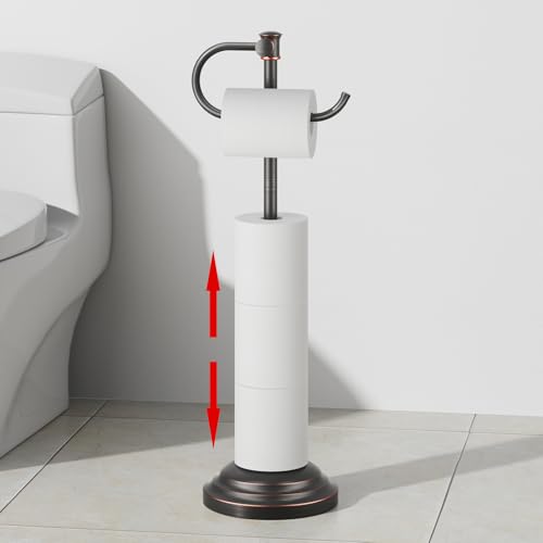 RUMOSE Toilet Paper Holder Stand for Floor, Oil Rubbed Bronze | Bathroom Free Standing Toilet Tissue Roll Holder with Storage, Adjustable 17-25 Inch, Rustproof, SUS304 Stainless Steel - color: Oil Rubbed Bronze