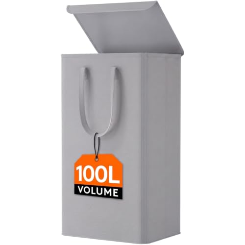 Lifewit 100L Laundry Hamper, Laundry Basket with Lid, Collapsible Clothes Storage with Easy Carry Handles, Thin Hampers for Bathroom Laundry Room Dorm, Grey - color: Grey, size: 100L