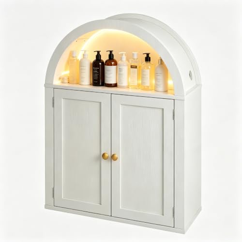 Bathroom Wall Cabinet with LED Light, Over The Toilet Storage Cabinet, Arched Bathroom Cabinet Wall Mount with 2 Doors & Adjustable Shelves, Above Bathroom Sink Cabinet for Laundry Kitchen (White) - color: White
