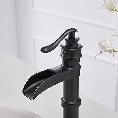 Black Waterfall Bathroom Sink Faucet Single-Handle 1 Hole | Above Counter Bowl Sink,with Pop Up Drain Assembly and Supply Hose,Lead-Free Solid Brass,Vanity Lavatory Mixer Tap - color: Black