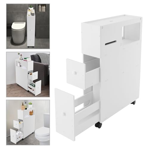 Bathroom Storage Cabinet with Wheels, 30in PVC Narrow Floor Storage Cabinet, Small Bathroom Storage Cabinet with Drawers for Bathroom, Toilet, Bedroom, Laundry Room, Kitchen(White) - size: 30in with Wheels