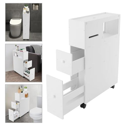 Bathroom Storage Cabinet with Wheels, 30in PVC Narrow Floor Storage Cabinet, Small Bathroom Storage Cabinet with Drawers for Bathroom, Toilet, Bedroom, Laundry Room, Kitchen(White) - size: 30in with Wheels