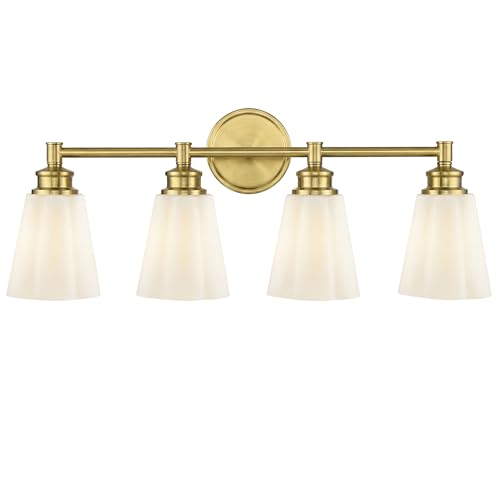 kudos 4-Light Brushed Gold Vanity Light, Milk White Glass Shade | 19" bathroom light fixtures over mirror, upward or downward, E26 base, bulbs not included, Hardwired, KDVL17-GD-ML-4 - size: 4-Light
