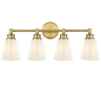 kudos 4-Light Brushed Gold Vanity Light, Milk White Glass Shade | 19" bathroom light fixtures over mirror, upward or downward, E26 base, bulbs not included, Hardwired, KDVL17-GD-ML-4 - size: 4-Light