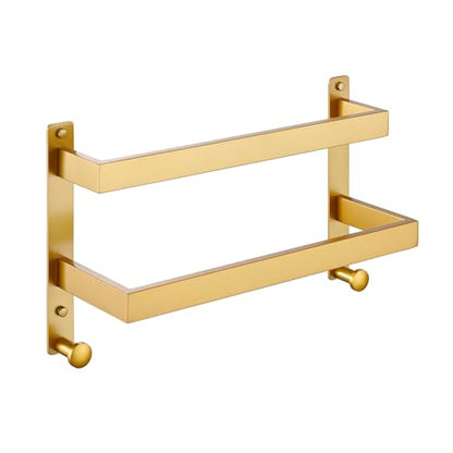 16 Inch Double Towel Bar for Bathroom with Hooks Stainless Steel Bath Towel Rack Wall Mounted Gold Finished - color: Gold, size: 16-Inch