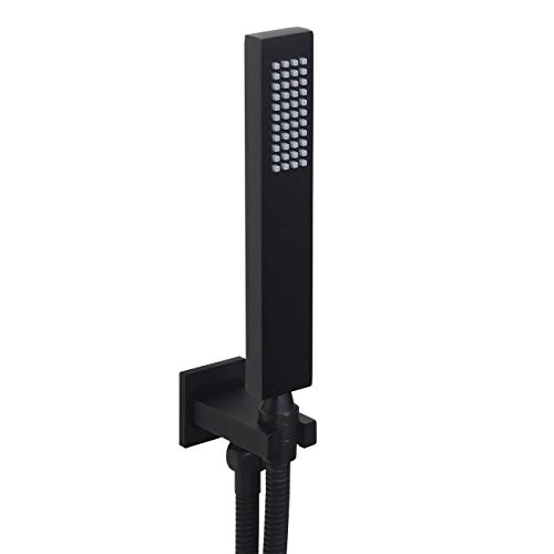 Brass Matte Black Hand Held Shower Head With Wall Connector Hose Set | Modern Square All Metal Hand Shower Fixed Holder Set For Bathroom Showers - color: Black handheld set