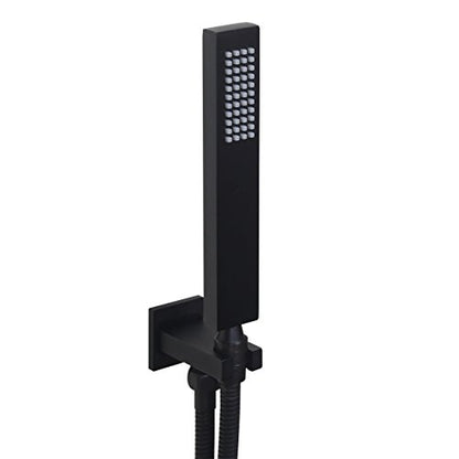 Brass Matte Black Hand Held Shower Head With Wall Connector Hose Set | Modern Square All Metal Hand Shower Fixed Holder Set For Bathroom Showers - color: Black handheld set