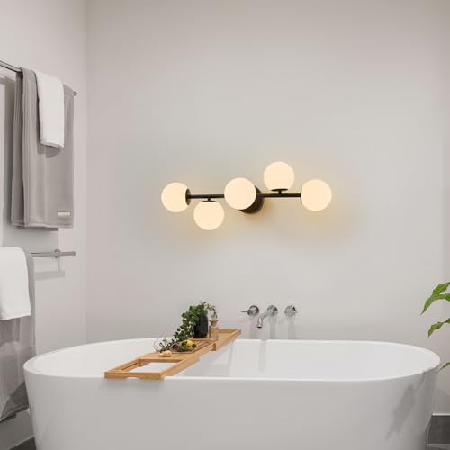 Modern Bathroom Vanity Light Fixtures,LED Matte Black Wall Sconce Lighting | 5 Lights Milk Glass Globe Vanity Light, Makeup Bathroom Vanity Lights,Dimmable Brass Mid Century Wall Sconces over Mirror - color: Black Milk Glass, size: Integrated LED