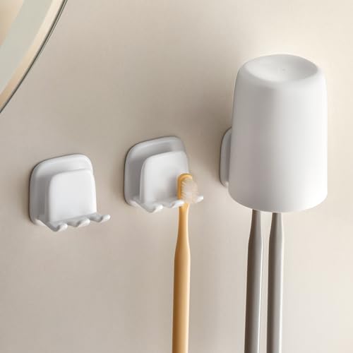 2PCS Wall Mounted Toothbrush Holder, Adhesive 2-Slot Toothbrush Organizer with Cup Hook No-Drill Bathroom Organizer for Toothbrushes, Mouthwash Cup - Self-Sticky Seamless Storage Rack (White)