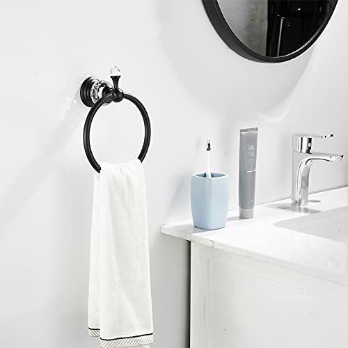 WOLIBEER Crystal Towel Ring,Matte Black Toilet Paper Holder Stand Hand Towel Holder Towel Hook Tissue Roll Paper Holder Towel Hanger Bathroom Hardware 2 Pieces Sets Wall Mounted - color: Black