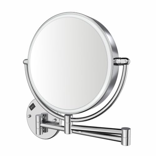 Whitehaus Wall-Mounted LED Magnifying Mirror – 8” Dual-Sided Mirror with 7X Zoom, Extendable Arm, Touch-Activated Light, Polished Chrome - color: Polished Chrome