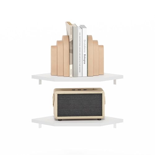 Furinno Rossi Hexagon Floating Shelves for Wall, Set of 2 Geometric Corner Shelf, Wall Mounted Shelves for Bathroom, Home Office, Living Room, White - color: White, size: Hexagon, Set of 2