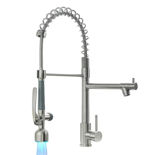 Fapully Commercial Pull Down Sprayer Brushed Nickel Kitchen Faucet | Single Handle Kitchen Sink Faucet with LED Light - color: Brushed Nickel, style: Modern