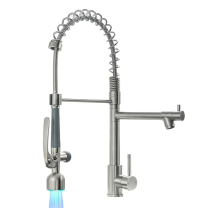 Fapully Commercial Pull Down Sprayer Brushed Nickel Kitchen Faucet | Single Handle Kitchen Sink Faucet with LED Light - color: Brushed Nickel, style: Modern