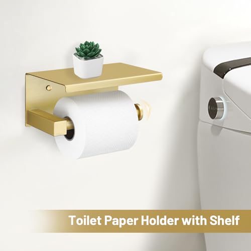 TURS 5-Pieces Brushed Gold Bathroom Hardware Set 23.6 Inch SUS304 Stainless Steel Towel Bar Set Wall Mounted Square Toilet Paper Holder with Shelf - color: Brushed Gold, size: 5-Pieces Set