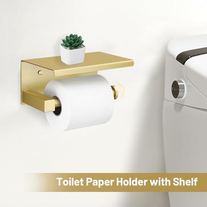 TURS 5-Pieces Brushed Gold Bathroom Hardware Set 23.6 Inch SUS304 Stainless Steel Towel Bar Set Wall Mounted Square Toilet Paper Holder with Shelf - color: Brushed Gold, size: 5-Pieces Set
